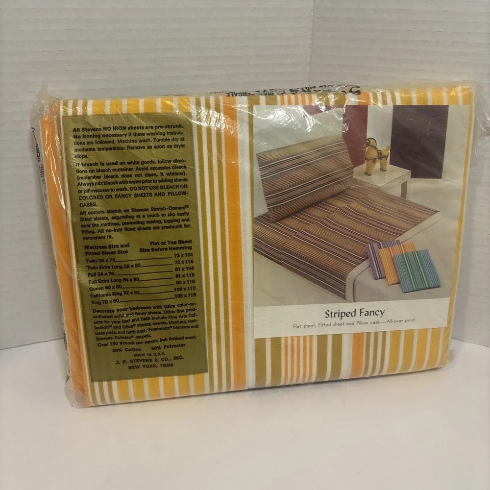 NOS Vintage Stevens Utica Queen Flat Sheet Orange Striped Fancy 1970s No Iron